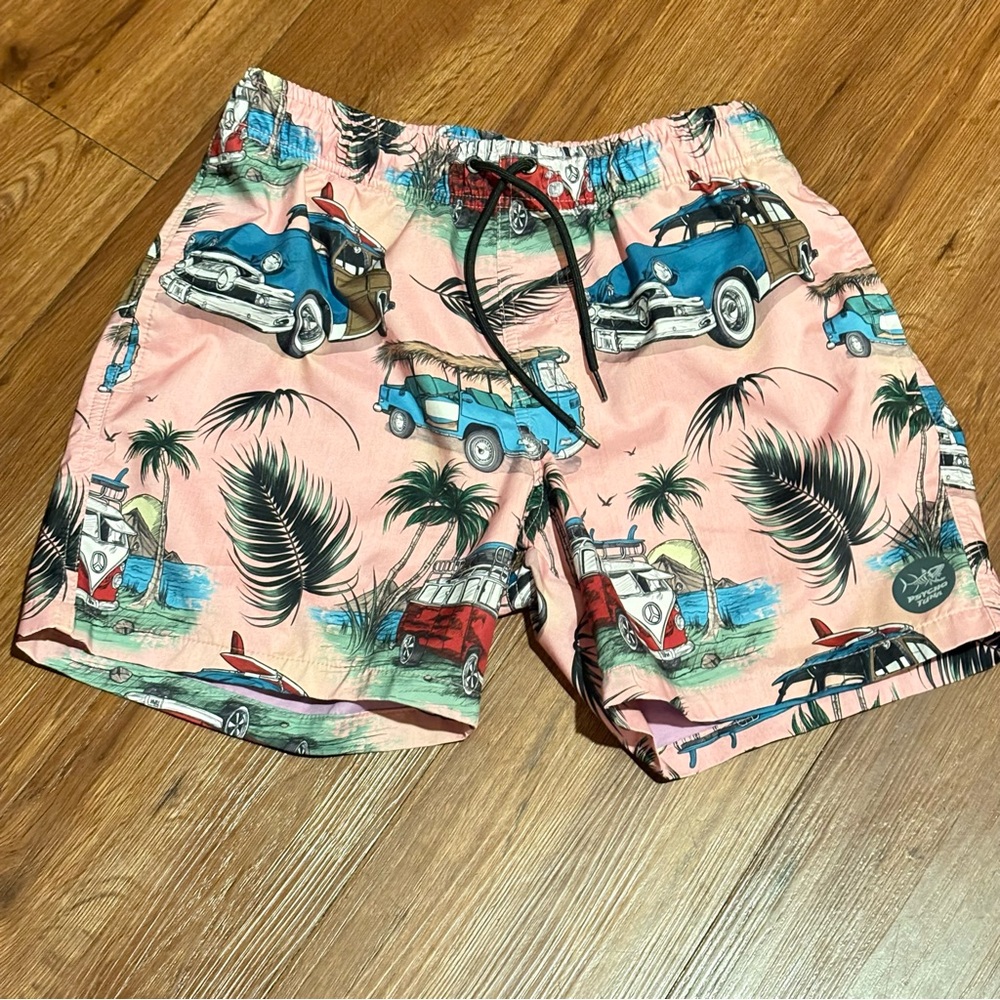 Psycho Tuna Swim Trunks Mens Medium Elastic Waist Unlined Pockets Pink Retro VW